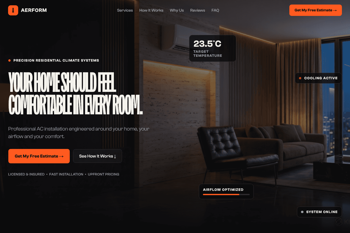 Preview of the AERFORM air conditioning landing page