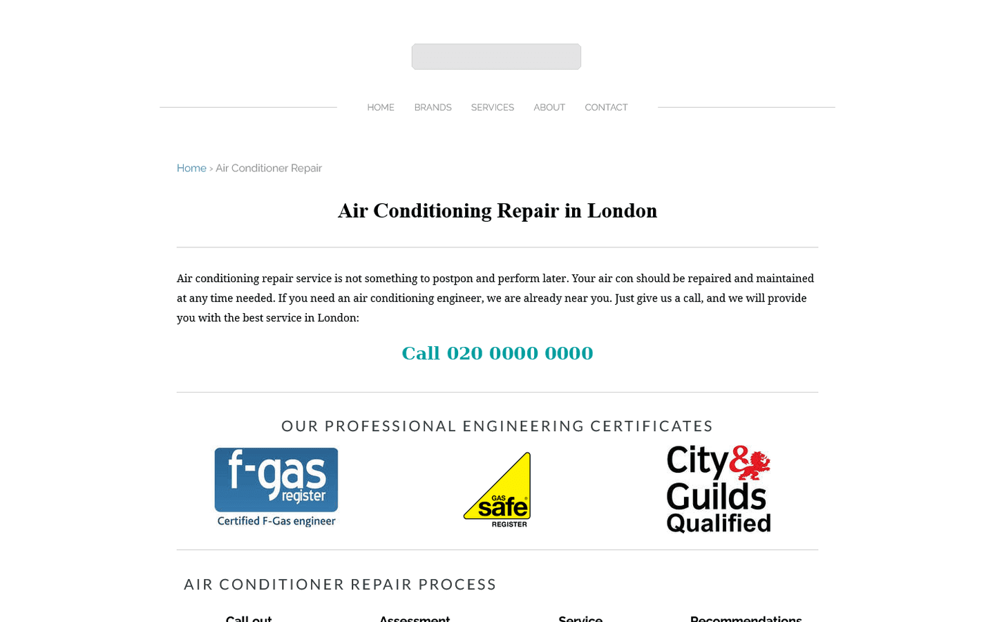 Screenshot of a typical outdated air conditioning repair website