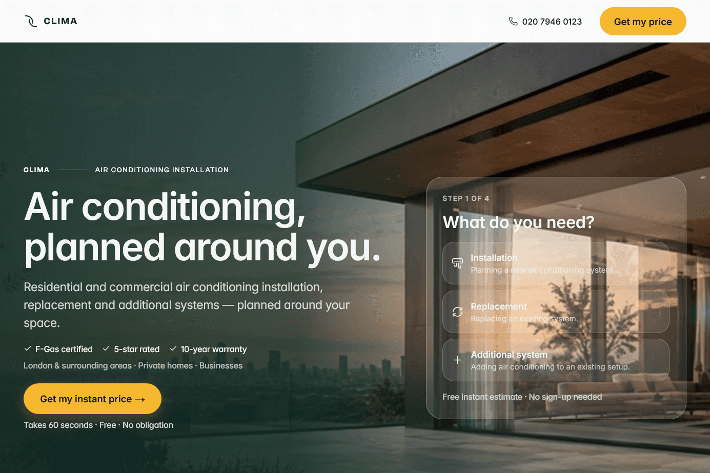Preview of the CLIMA air conditioning landing page